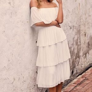 Gala Ready White Off-the-Shoulder Ruffle Midi Dress